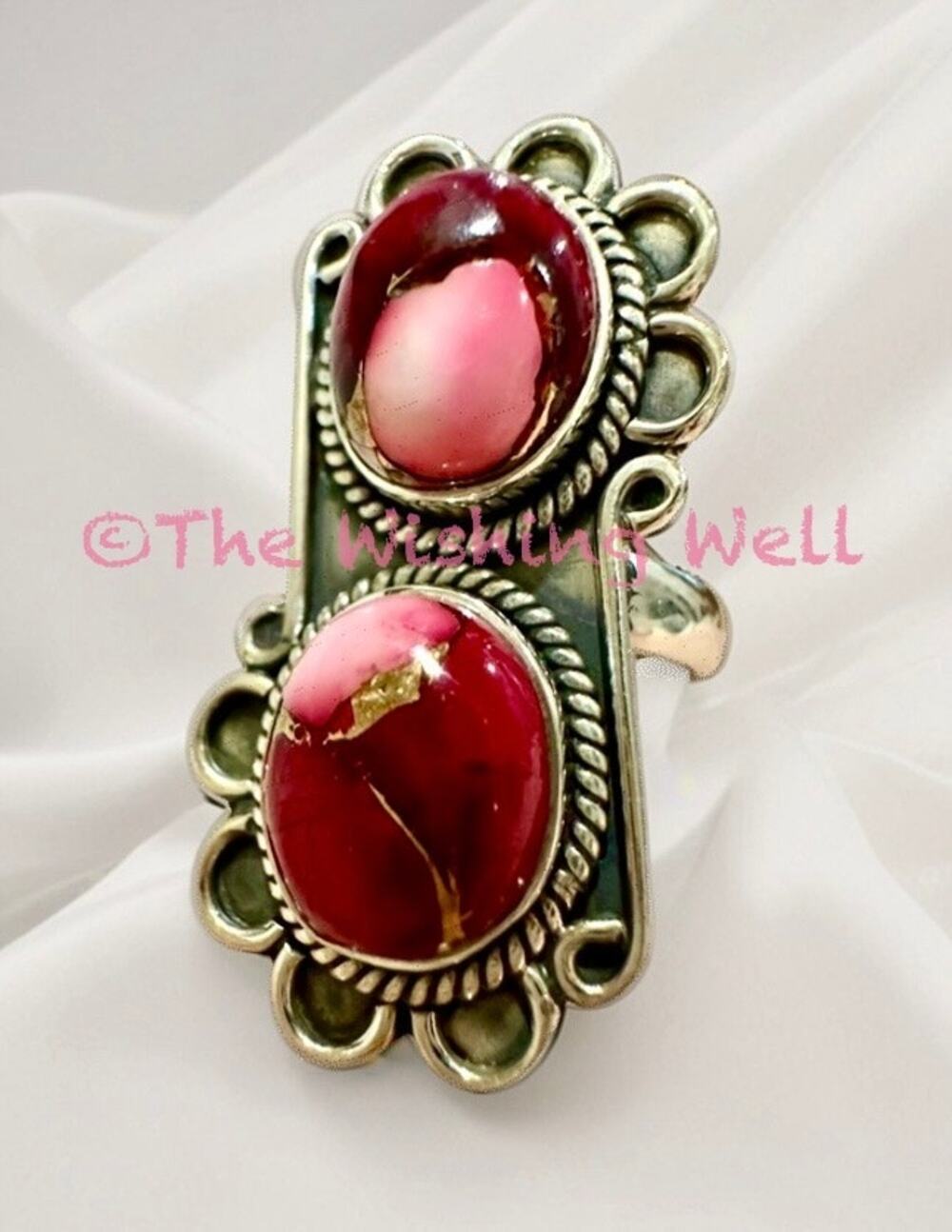 Red Rose Dahlia Two Stone Sterling Boho Ring Size 7